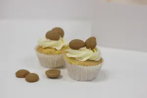 vegan en glutenvrij sinterklaas cupcakes, gedecoreerd met pepernoten